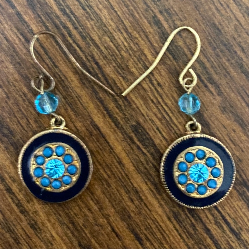 Round Blue Crystal & Bead Drop/Dangle Earrings